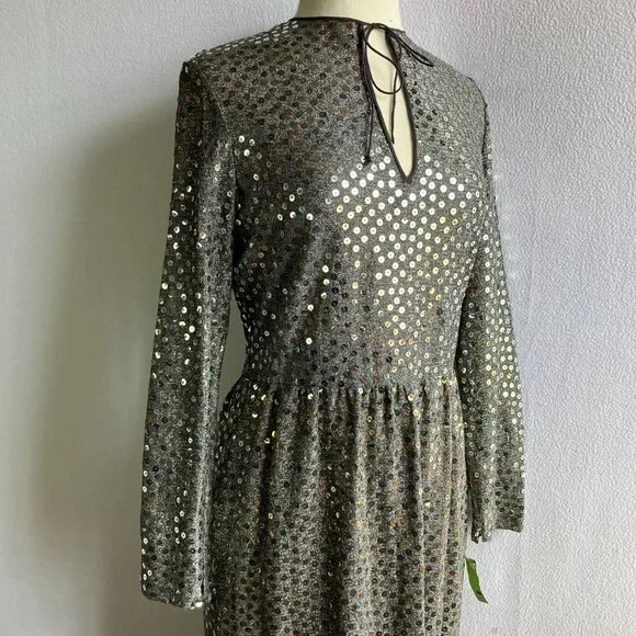 1970s Silver Sequined Modest Long Sleeve Maxi Dress - Picture 2 of 15